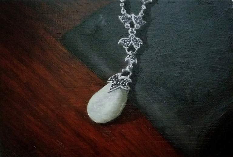 Larimar Necklace, oil on wood, 12.5 x 8 in