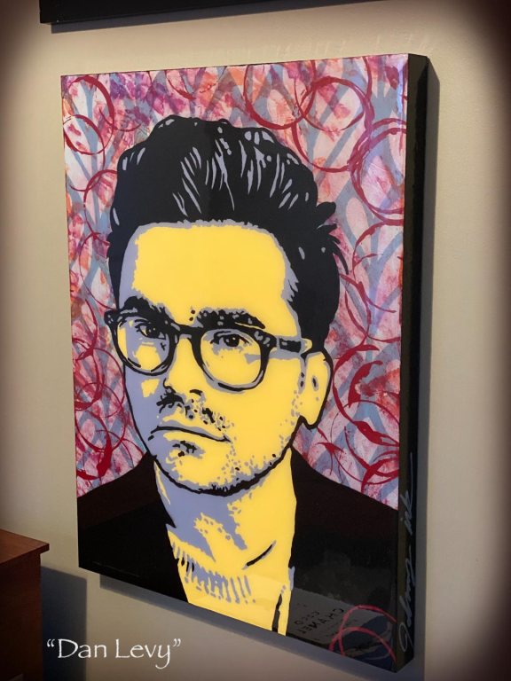 “Dan Levy” - 18”x24” Wood-box frame. Basics Liquitex acrylic paint, pearl epoxy resin. Completed 2020.