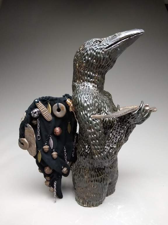 The Morrigan (21” tall) Stoneware, Body: Cone 6 Ox Glaze, Sword:"The Morrigan" Cone 10 REd Glaze